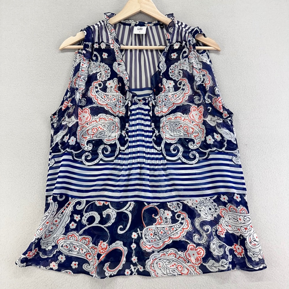 Cabi Sleeveless Blouse‎ Womens S Semi Sheer Blue Paisley Striped Career
